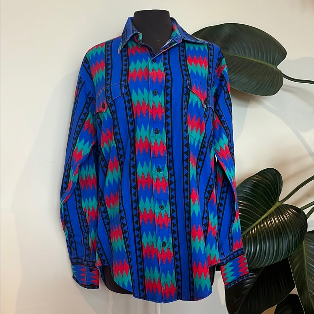 Vintage Ruddock Bros shirtmaker western Aztec patterned long-sleeve shirt